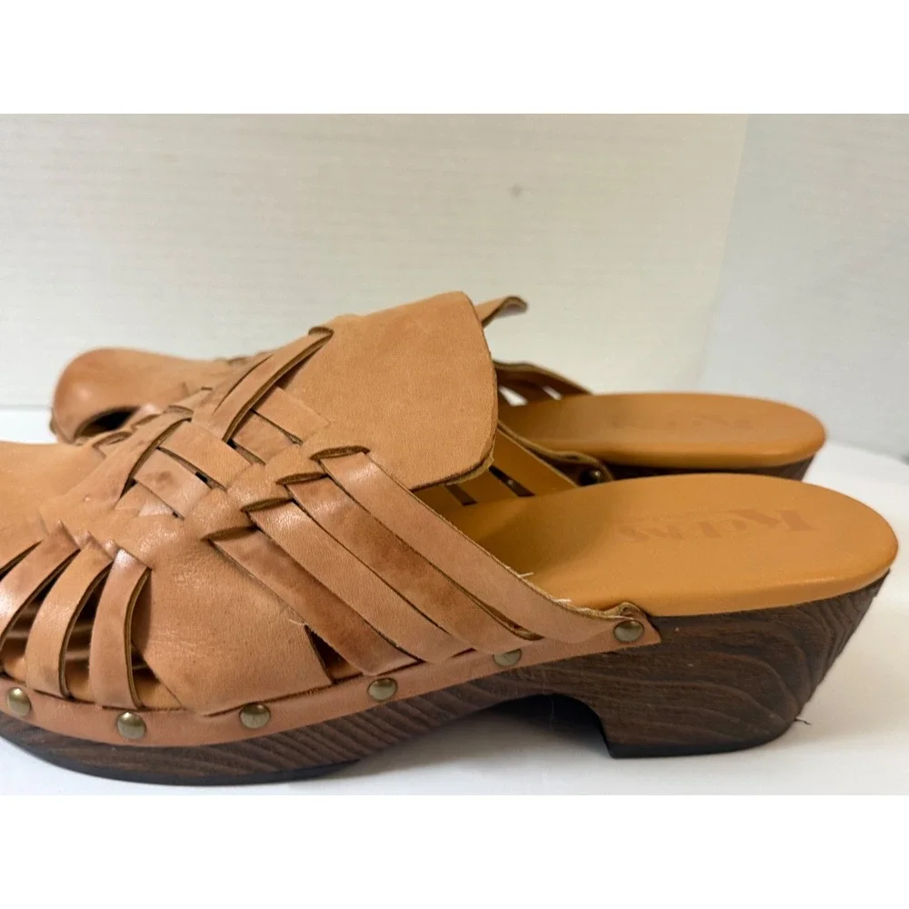 Korks by Kork-Ease Tan Woven Leather Wood Wedge Clogs Mules Size US 11 EU 43 - Picture 6 of 14